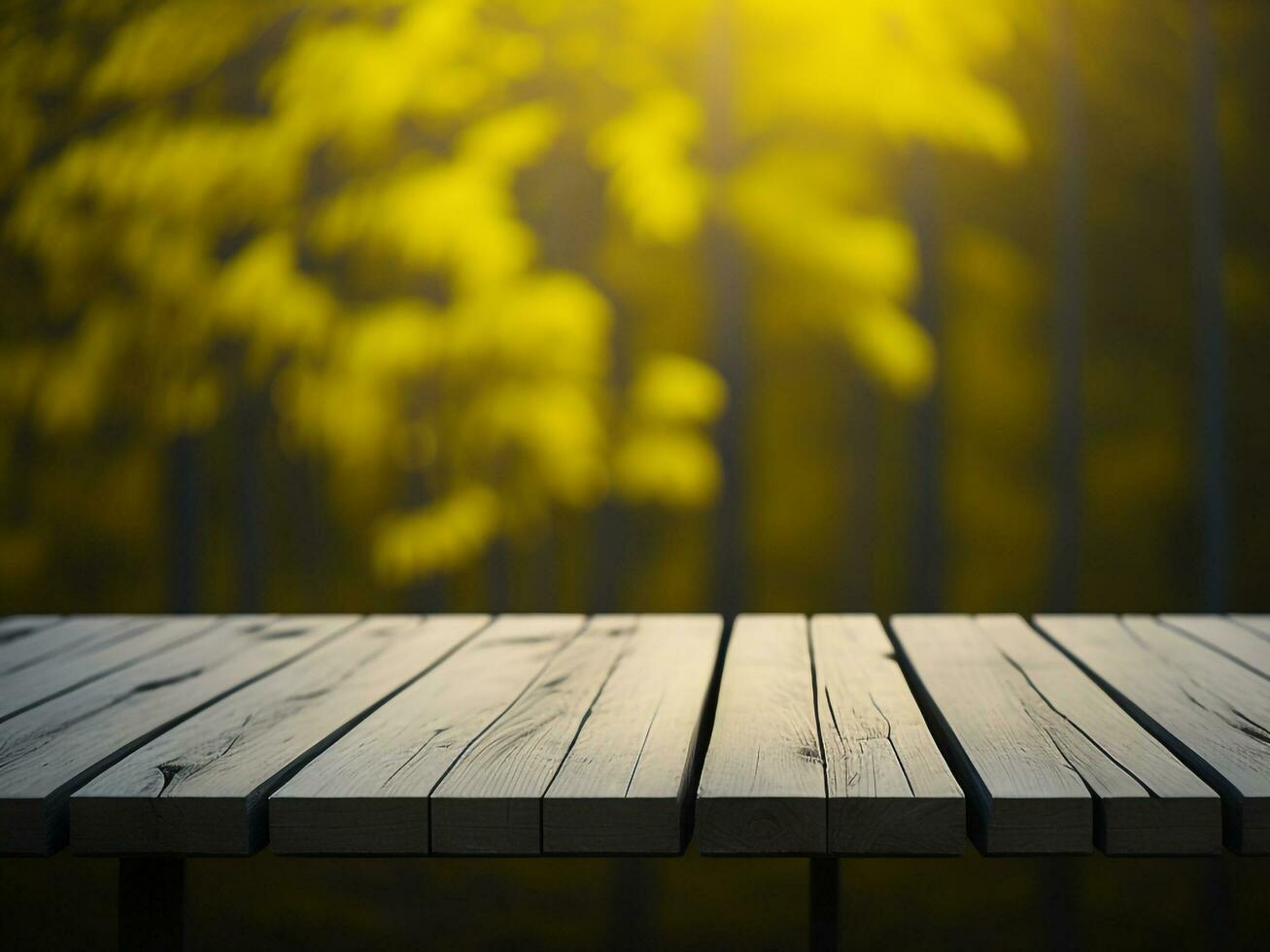 Wooden table and blur tropical green grass background, product display montage. High quality photo 8k FHD AI generated