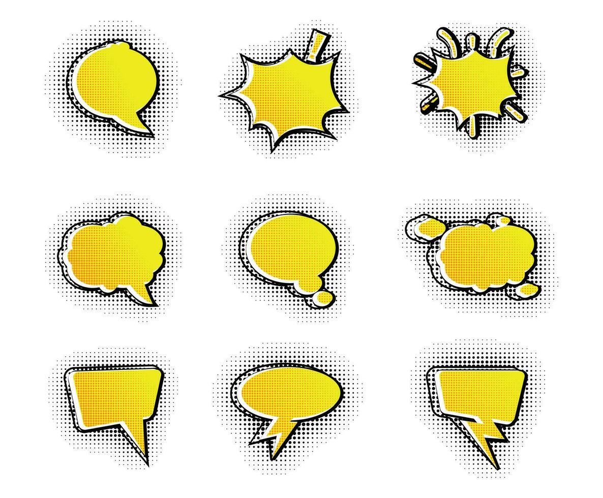 Collection of Speech bubble comic vector templates in halftone style on white background