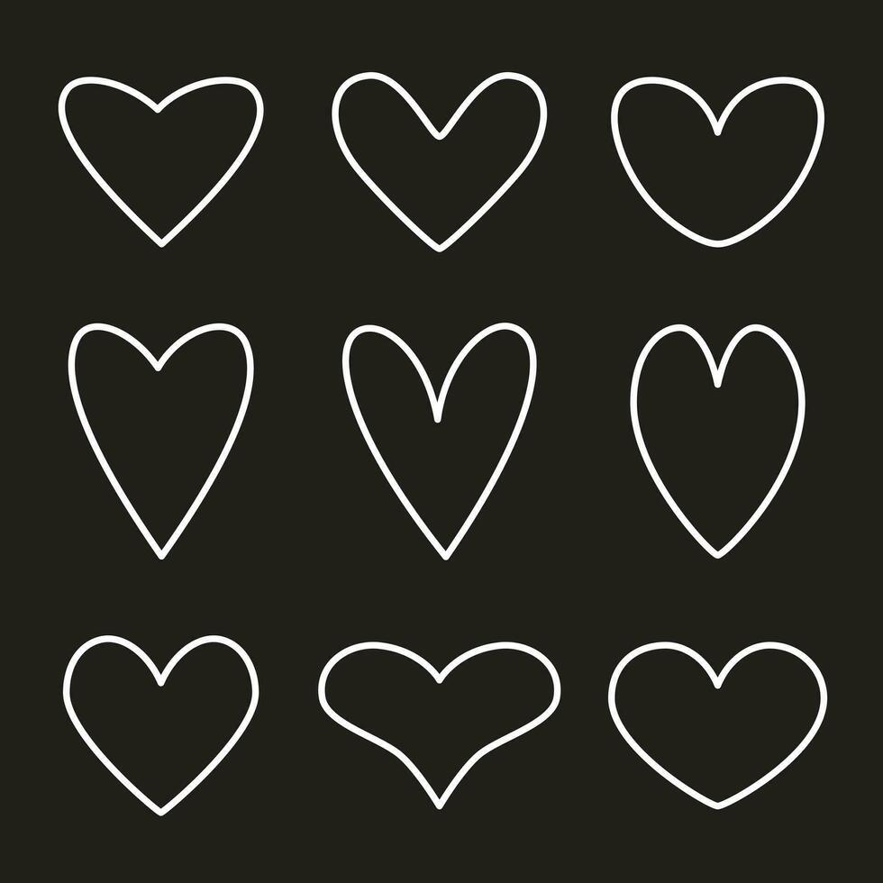 Vector hand-drawn childlike doodle heart icon set. White stroke on a black background. Valentine's day, symbol of love.