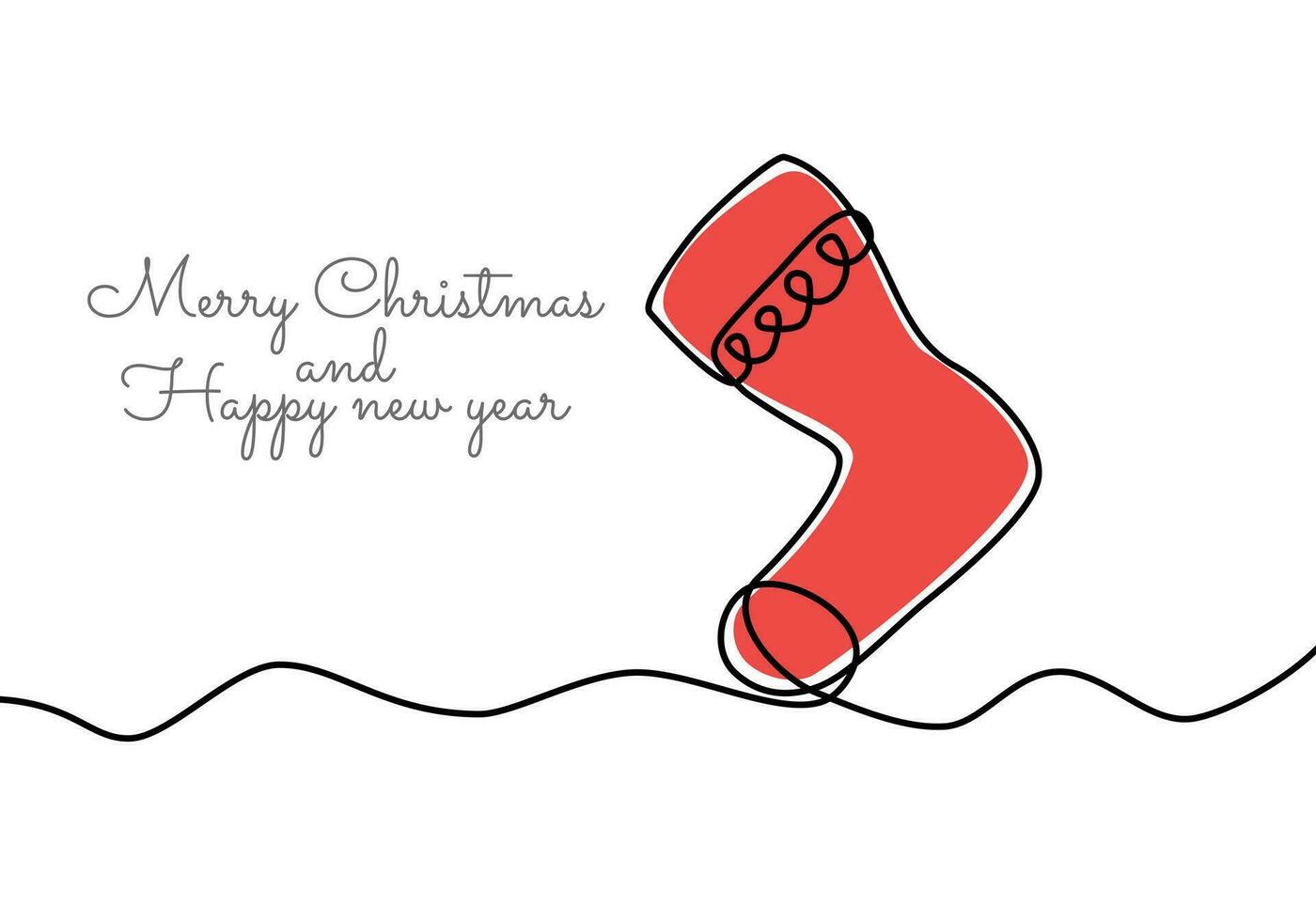 The sock icon is hand drawn in continuous lines. Christmas concept background with handwritten New Year wishes. abstract linear vector illustration