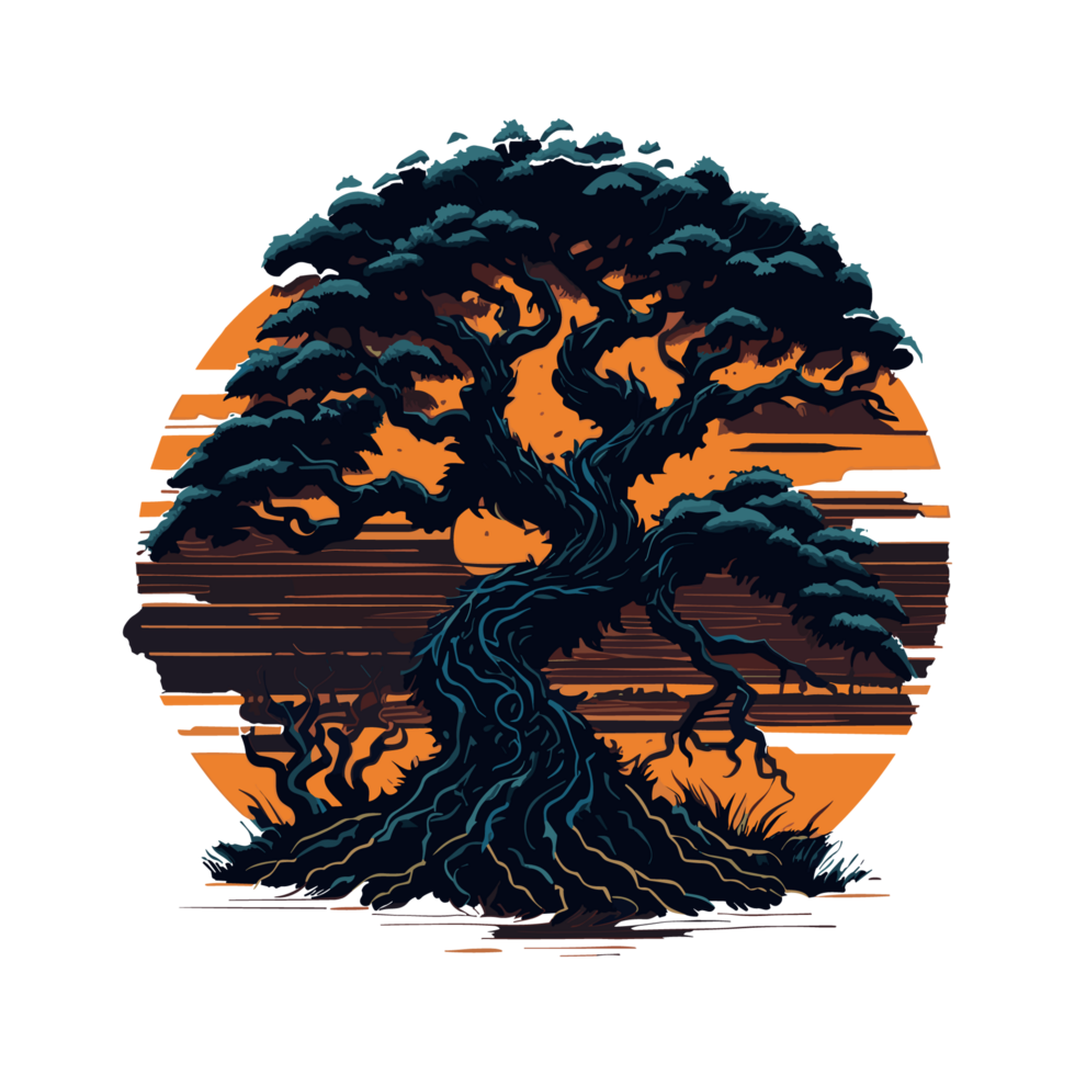a magical bonsai heavy texture  design with sunset background png