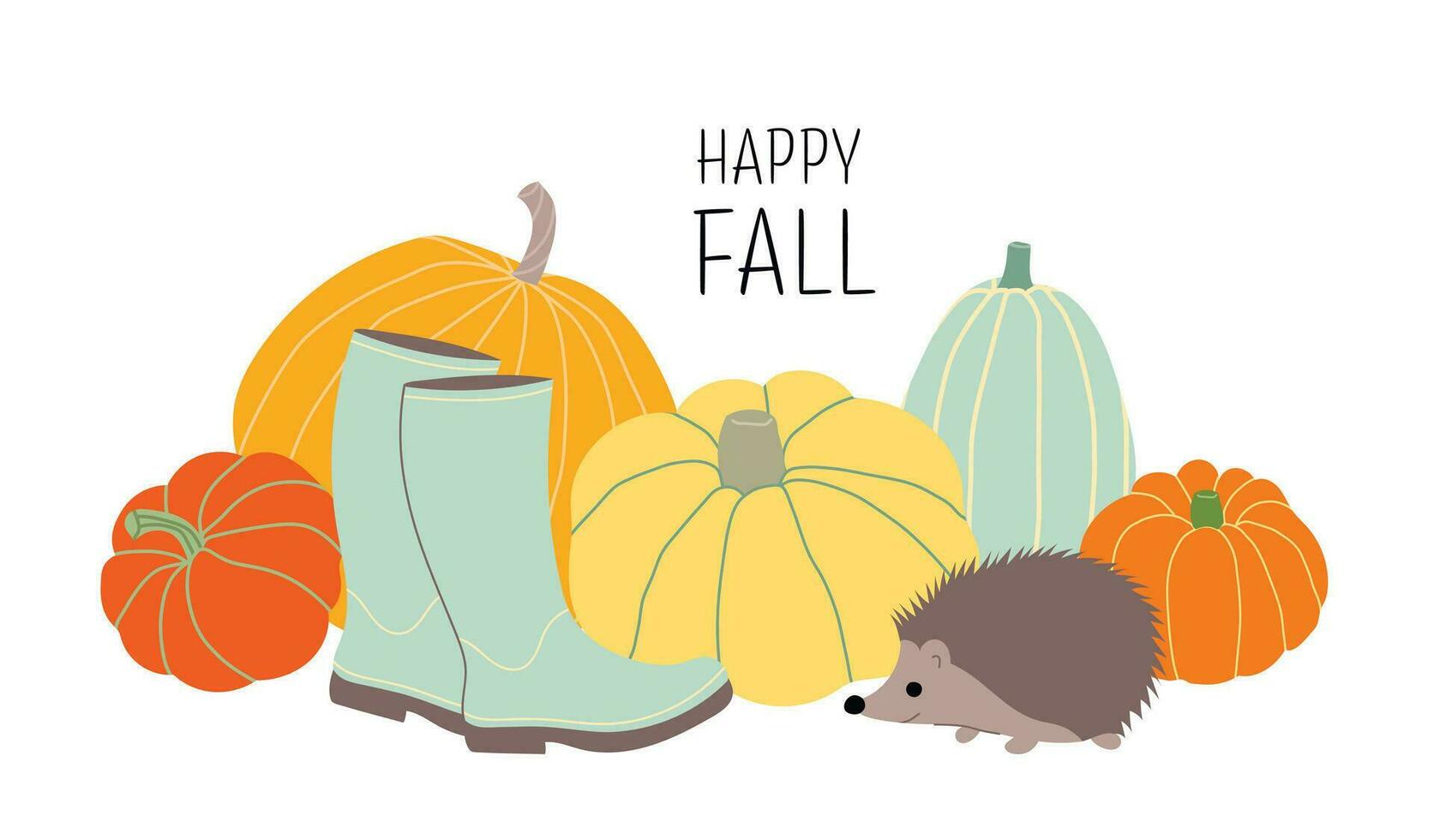 Happy fall. Cute illustration with hedgehog, many different pumpkins and rubber boots. Horizontal autumn banner in flat style.Vector illustration isolated on white background vector