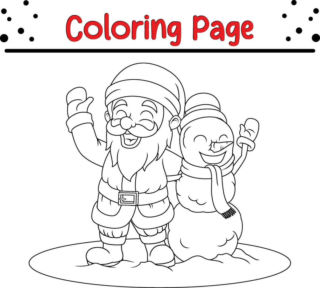 Happy Christmas Santa and Snowman coloring page for children. vector