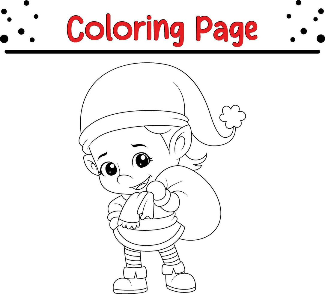 Christmas elf coloring page for kids. Vector black and white illustration isolated on white background.