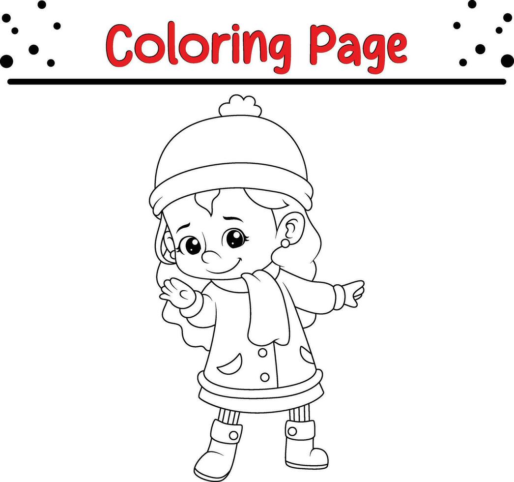 Winter little kids coloring page for kids. Vector black and white illustration isolated on white background.