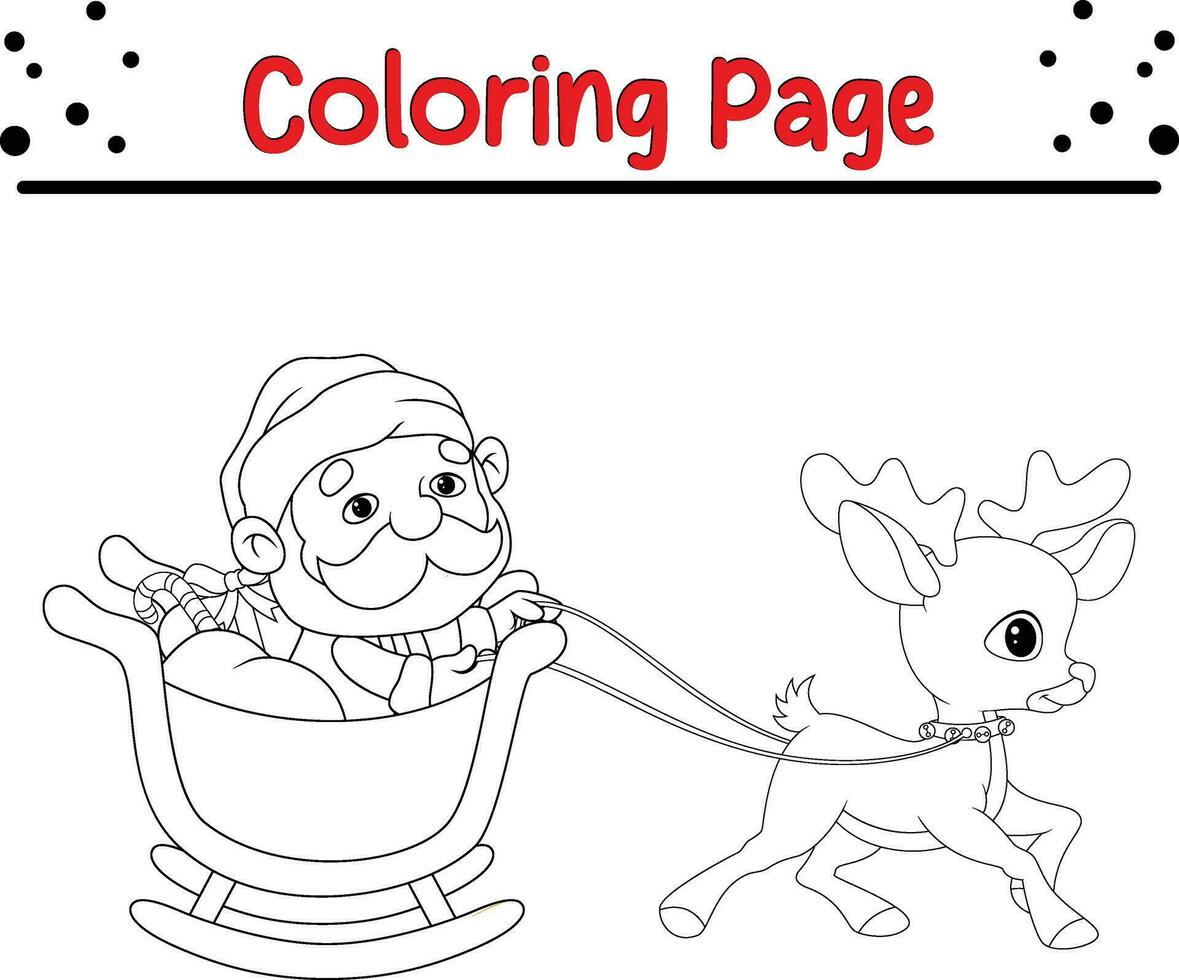 Santa in his Christmas sled being pulled by reindeer coloring page. Happy Winter Christmas theme coloring book. vector