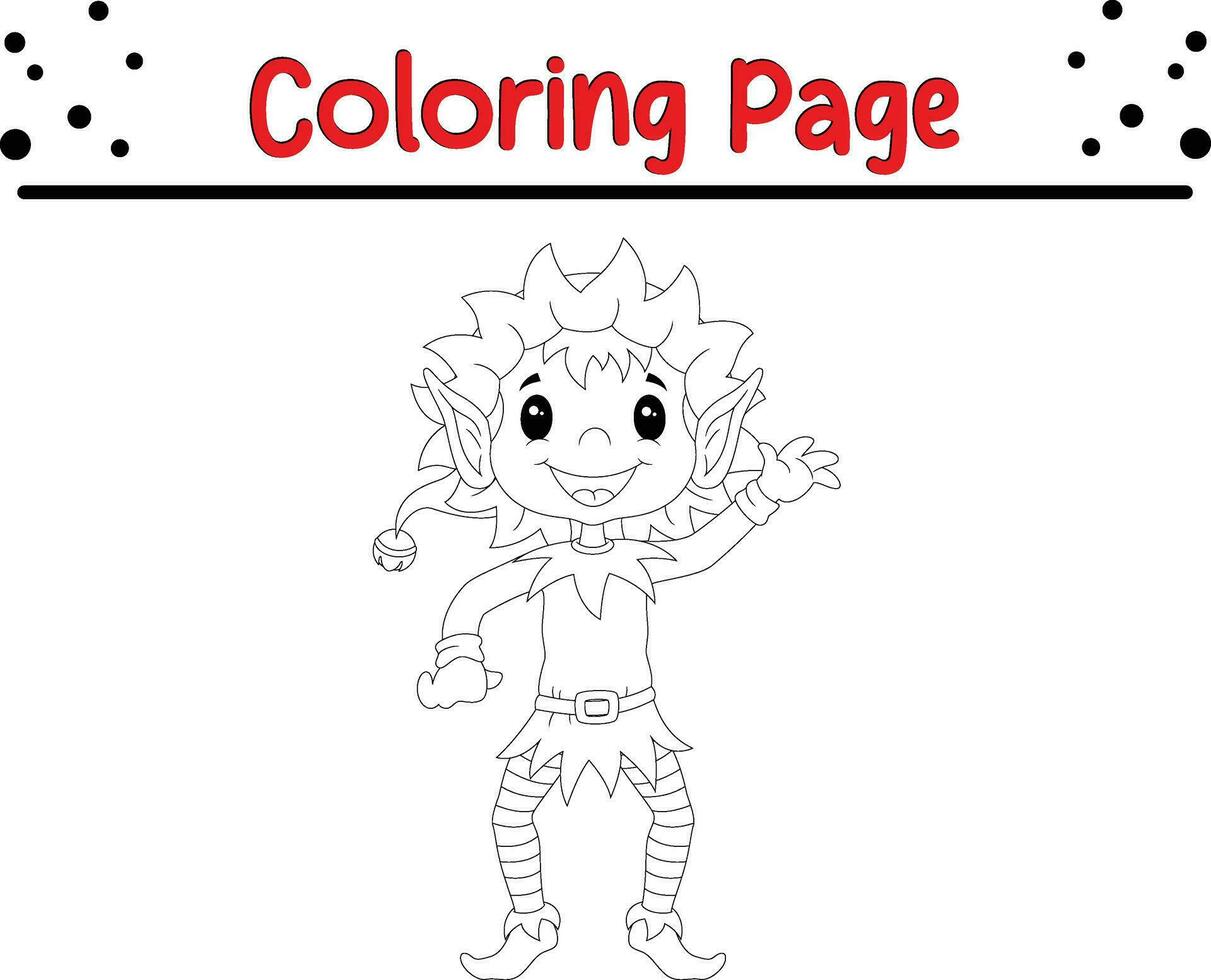 Cute elf Christmas coloring page for kids. Happy Winter Christmas theme coloring book. vector