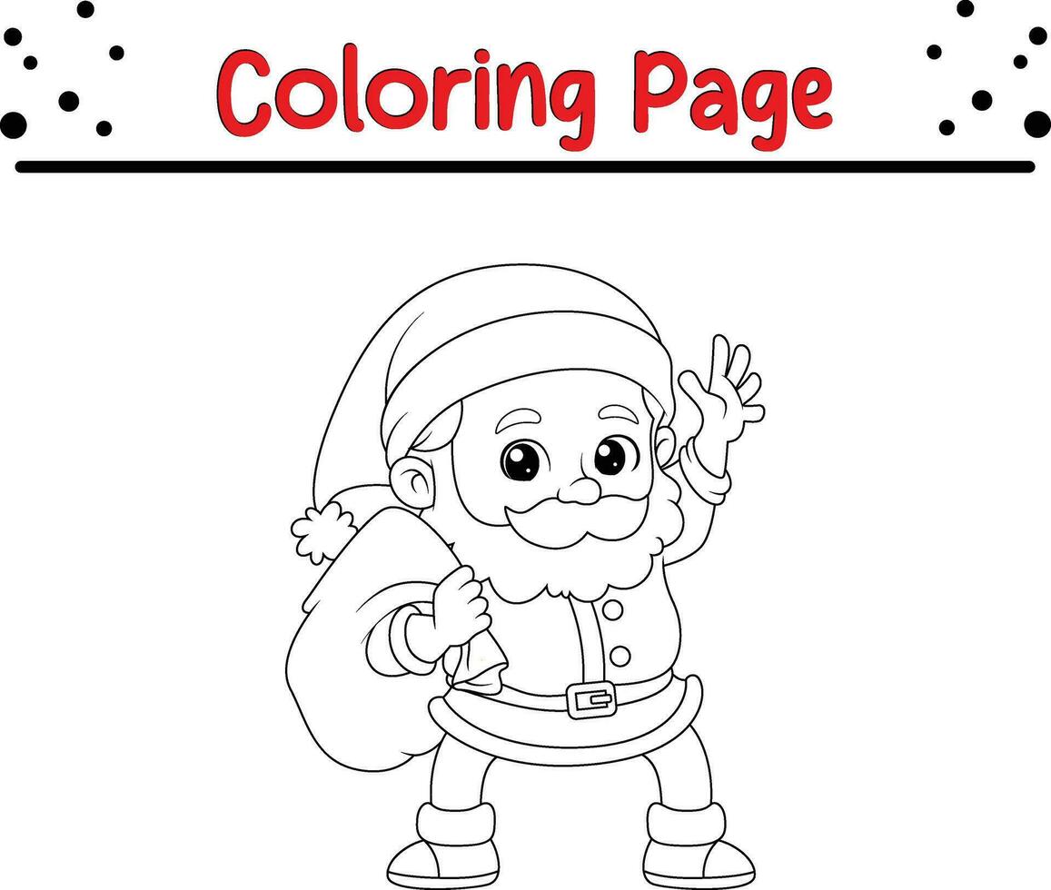 Christmas Santa with bag coloring page for kids. Vector black and white illustration isolated on white background.
