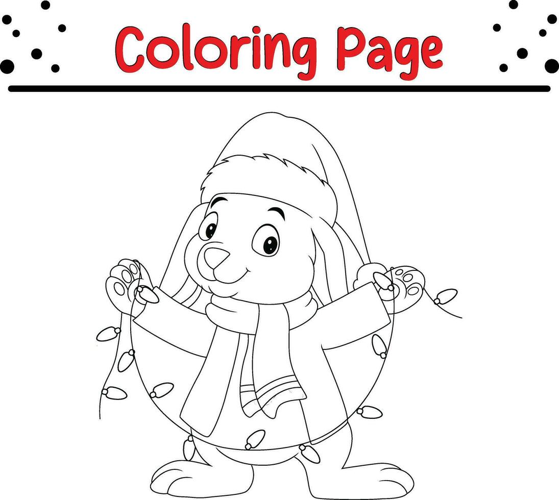 linda dibujos animados Conejo vistiendo Papa Noel sombrero y bufanda con Navidad luces. contento invierno Navidad tema colorante libro. vector