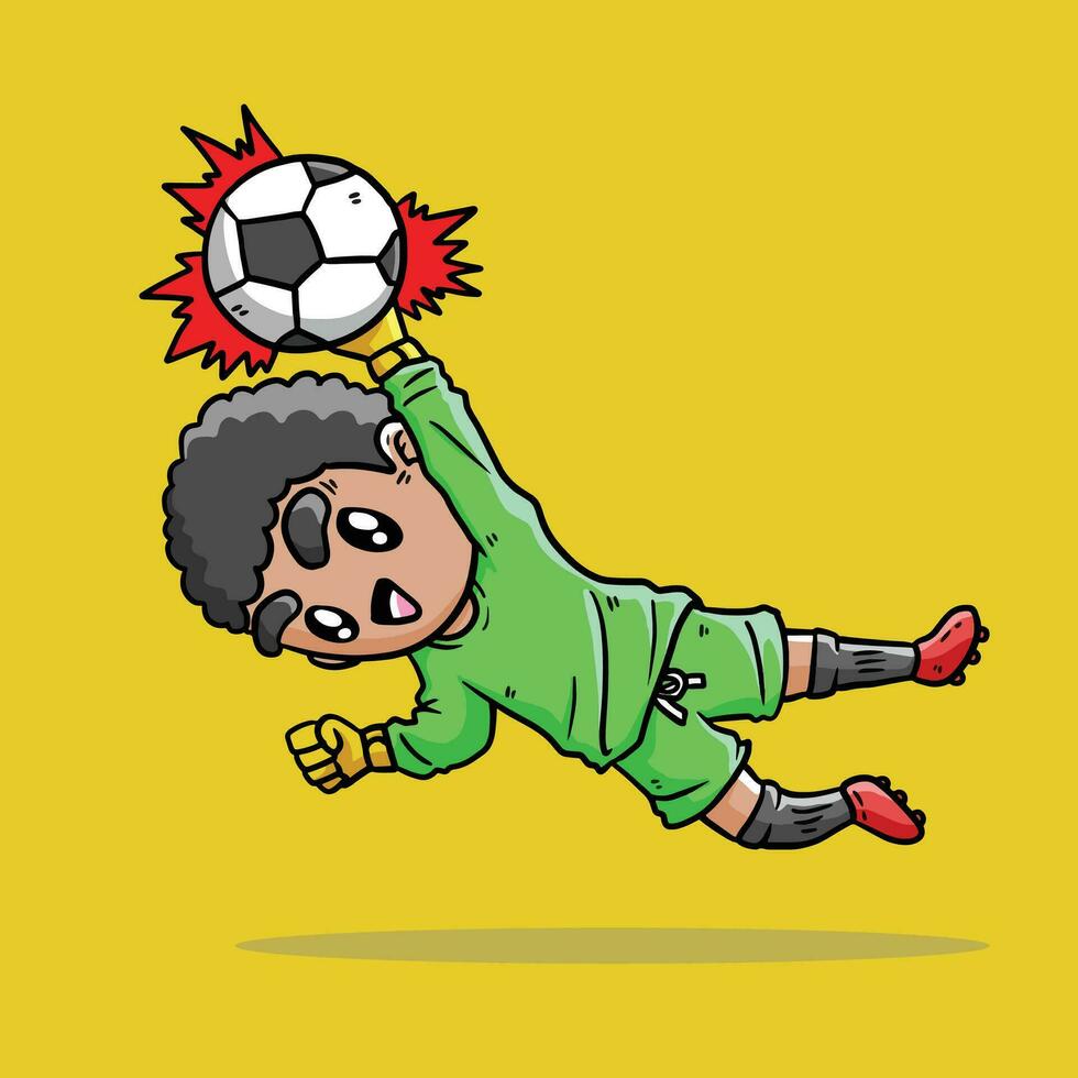Cute Boy in Green Jersey play soccer vector illustration. Goalkeeper in football match. Goalkeeper jumping. Cute Goalkeeper Vector Illustration.