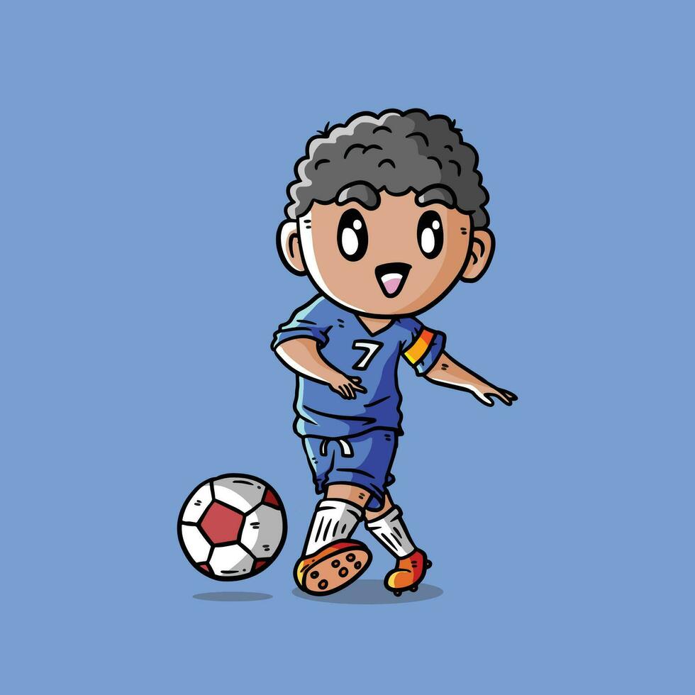 Cute Vector Illustration of Football player in Blue Jersey. Football Player Illustration. Football Player Kick Ball. Soccer Player Illustration.