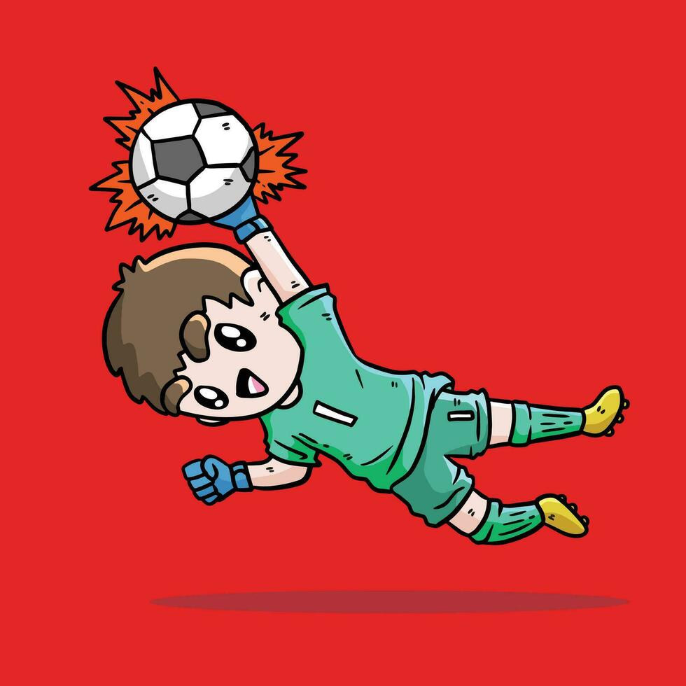 Cute Boy play soccer vector illustration. Goalkeeper in football match. Goalkeeper jumping. Cute Goalkeeper Vector Illustration.