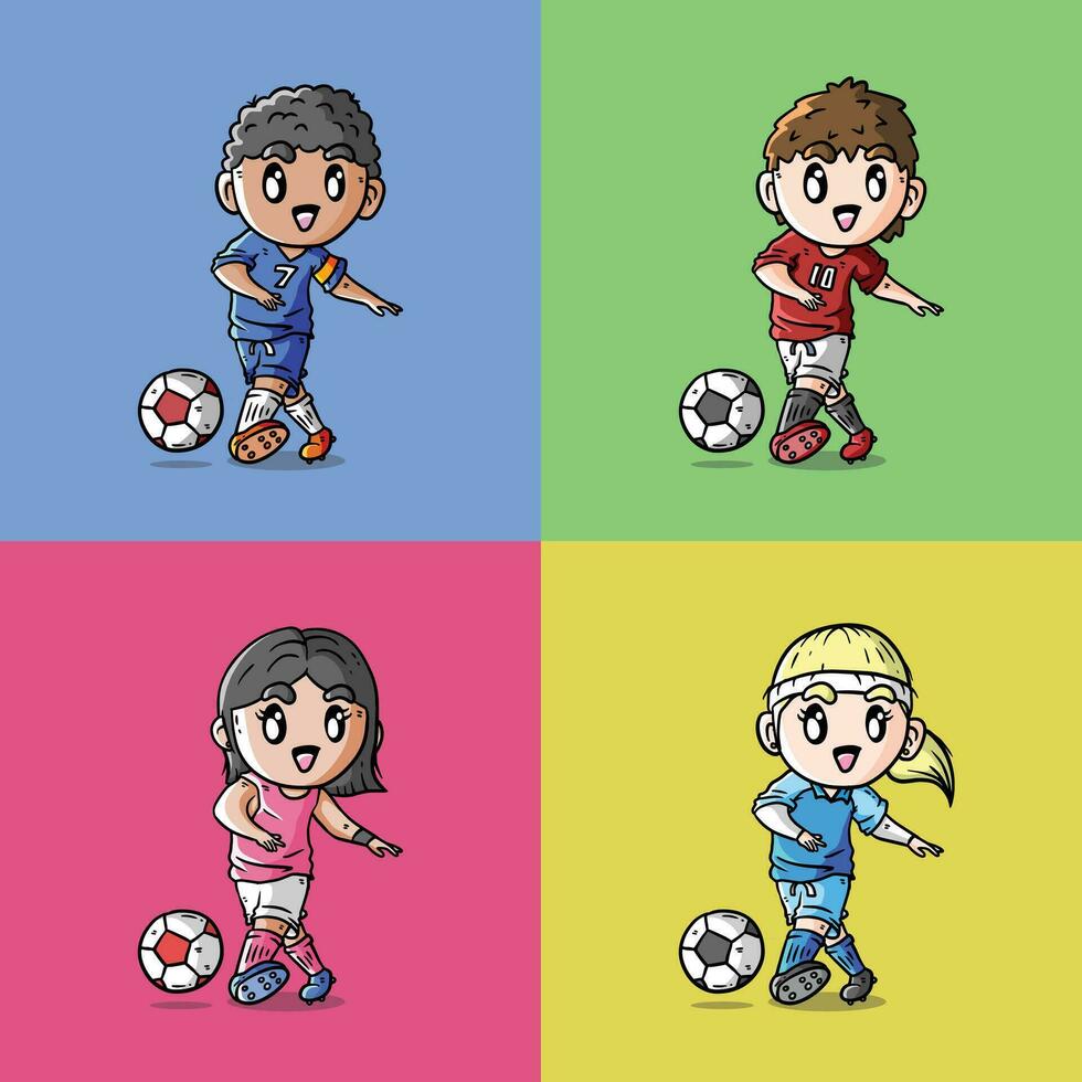 Set of Cute Vector Illustration of Football players. Man and Woman Football Player Vector Illustration. Soccer Player Illustration.
