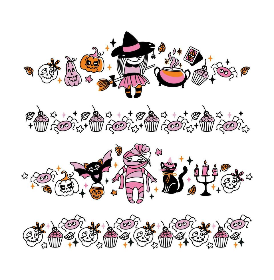Cute frame with Halloween characters and other holiday attributes. Vector illustrations for frame, stickers and decorative tapes. Scrapbooking.