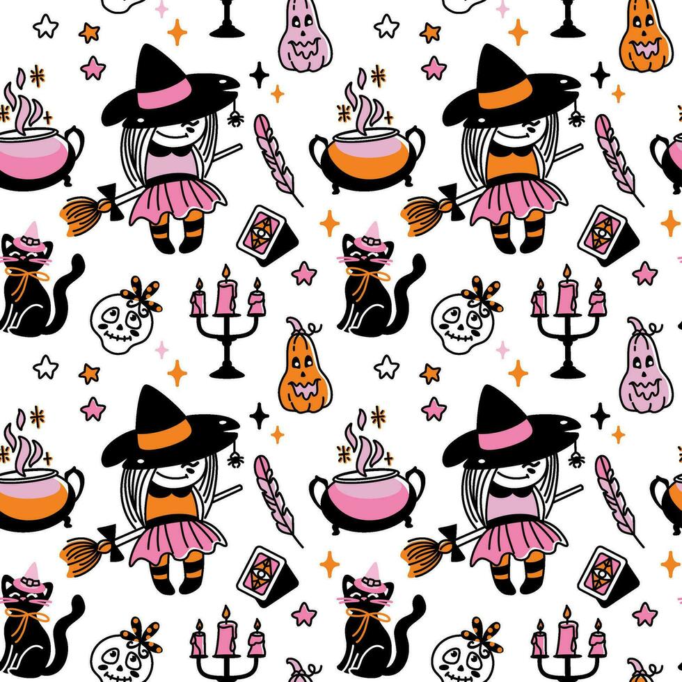 Little girl in a witch costume. Halloween characters. Childish print. Seamless pattern. Vector. vector