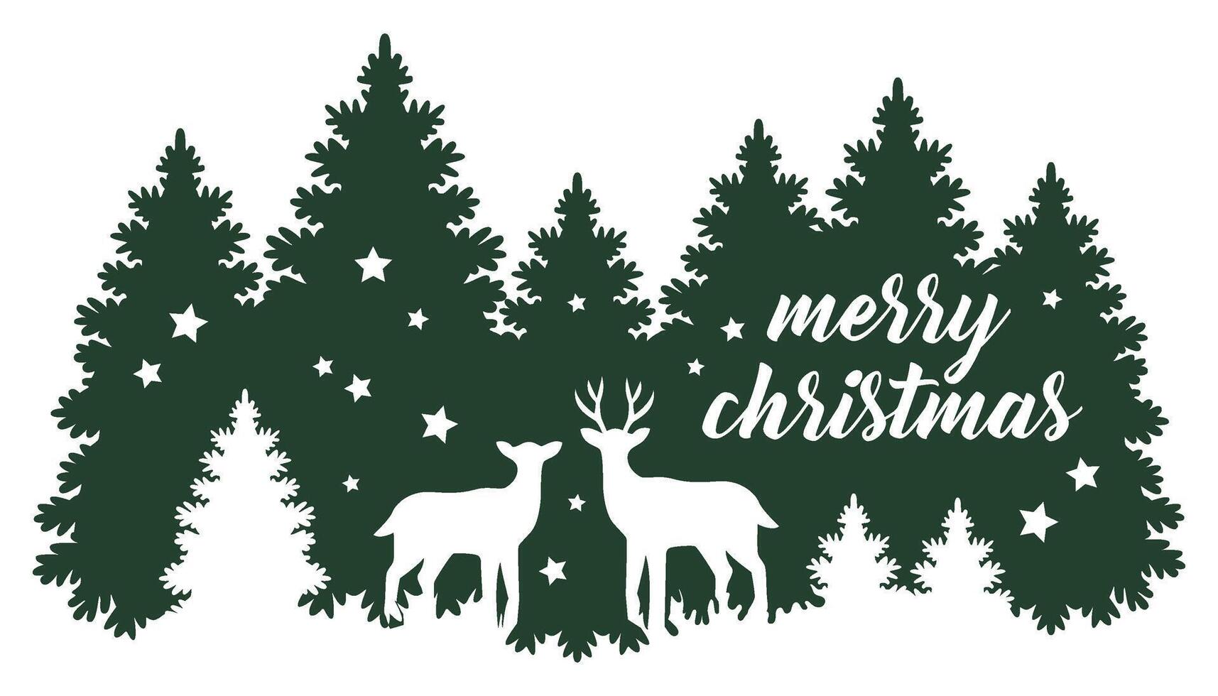 Merry christmas text banner template card reindeer, tree and snowflake background vector