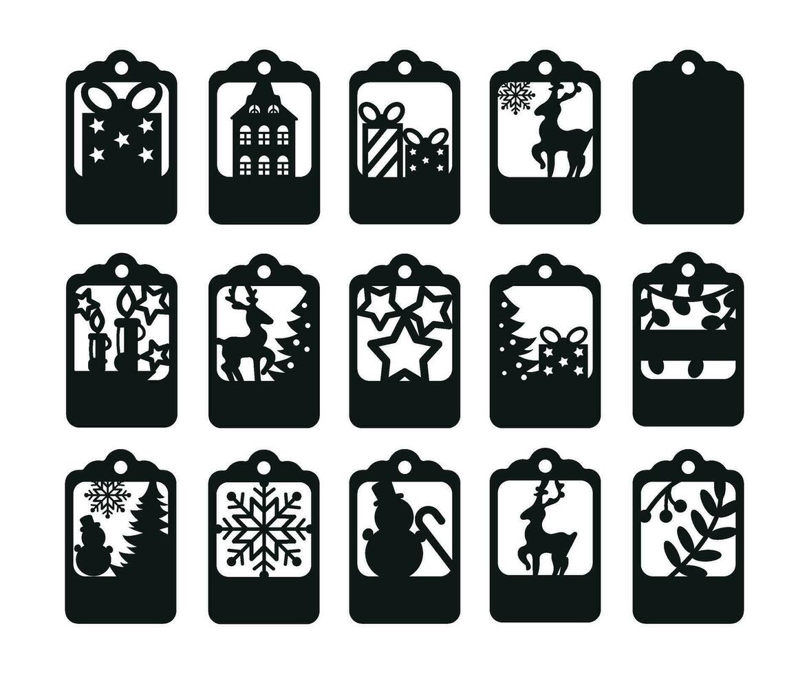 Set of Christmas and New Year gift tags, template label clipart paper cut silhouette vector