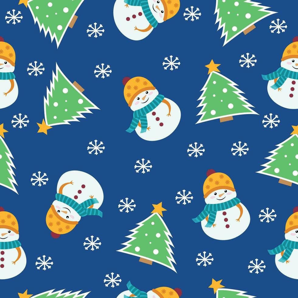 Cute snowman and christmas tree seamless pattern background vector
