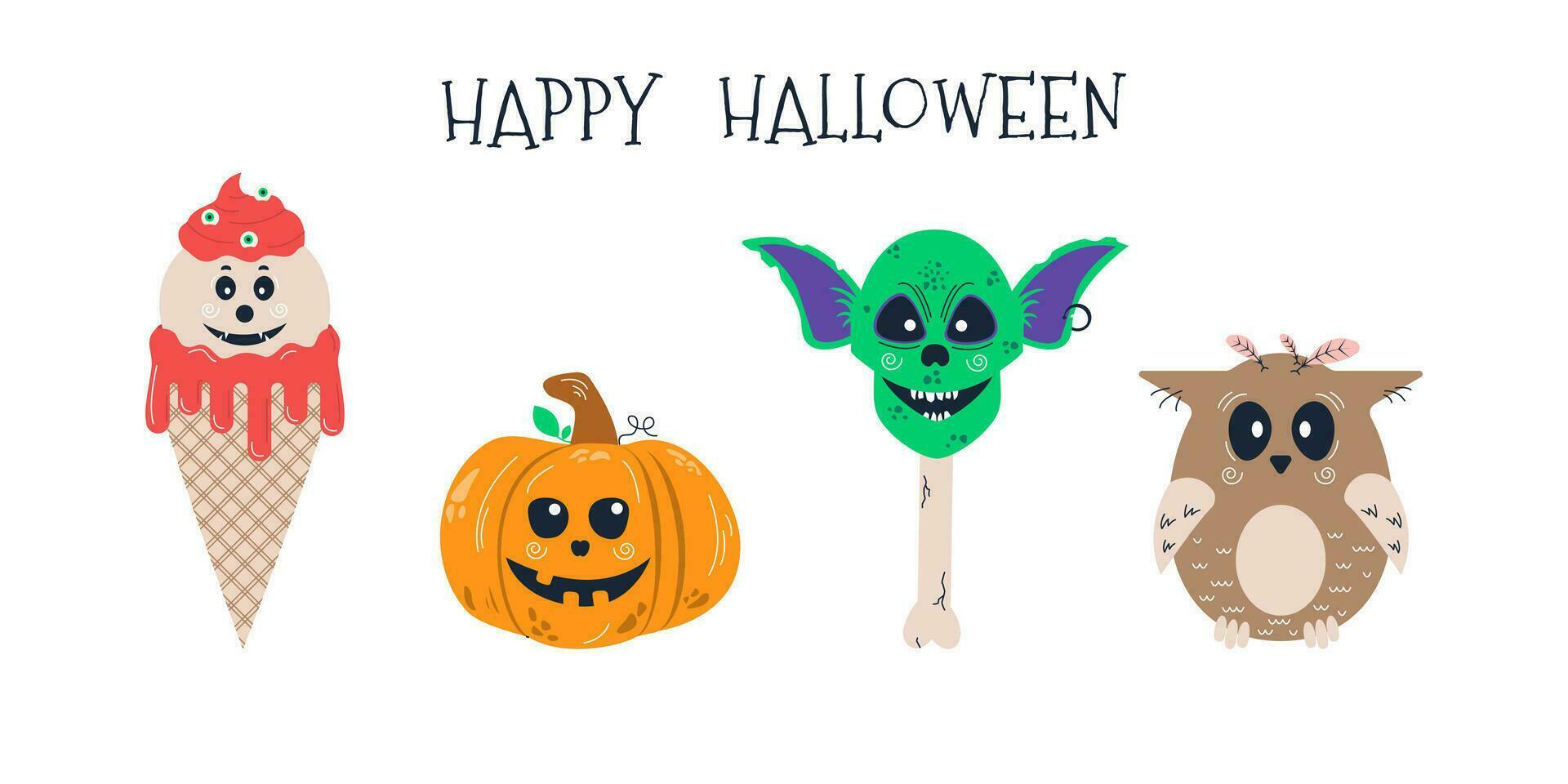 A set of elements for Halloween. A live ice cream with eyes, a cheerful pumpkin, a goblin's head on a bone and an owl. Flat hand-drawn cartoon vector illustration.