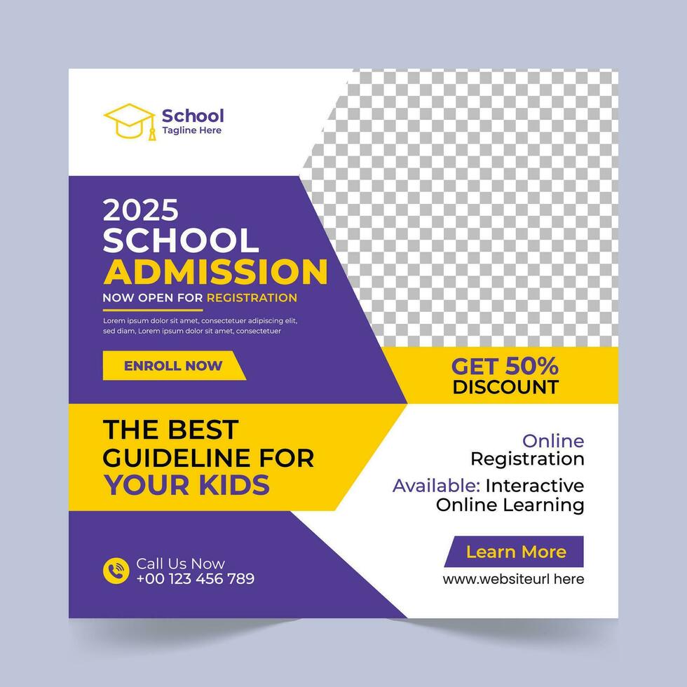 School Admission Social Media Post Design Template, School Admission Promotional Banner Template vector