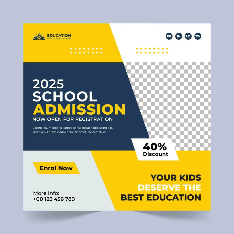 School Admission Social Media Post Design Template, School Admission Promotional Banner Template vector