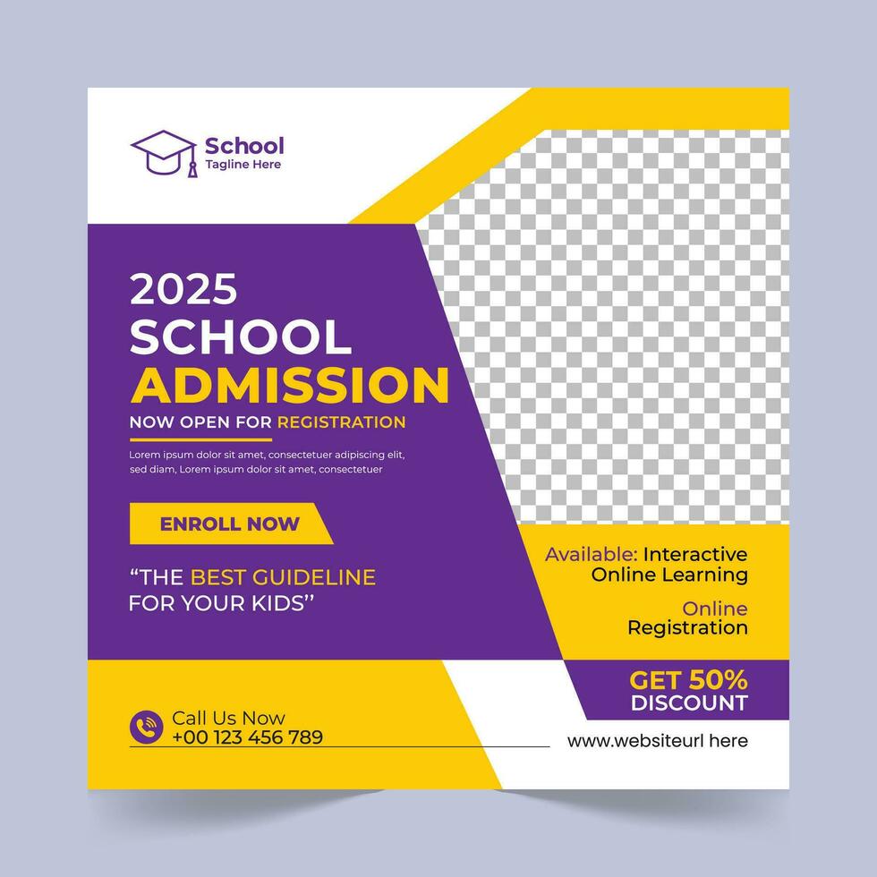 School Admission Social Media Post Design Template, School Admission Promotional Banner Template vector