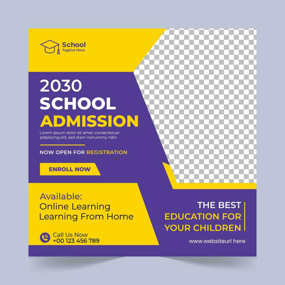 School Admission Social Media Post Design Template, School Admission Promotional Banner Template vector