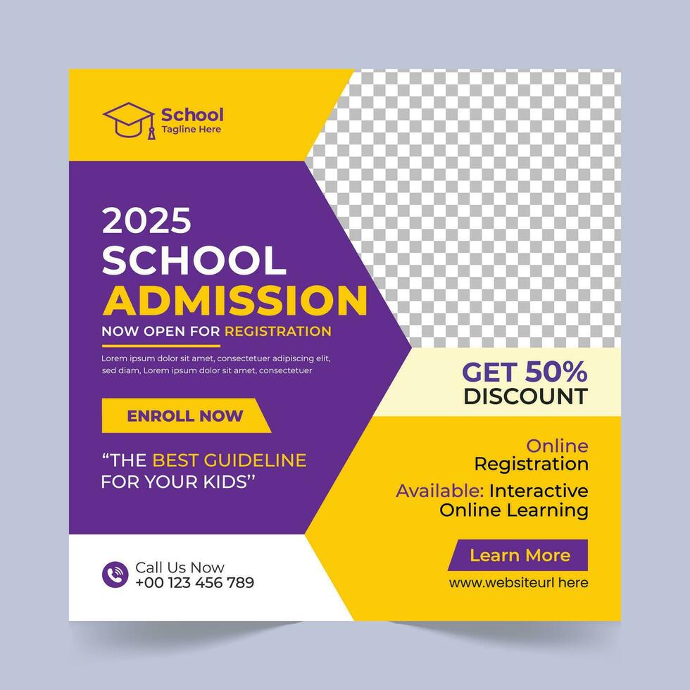School Admission Social Media Post Design Template, School Admission Promotional Banner Template vector