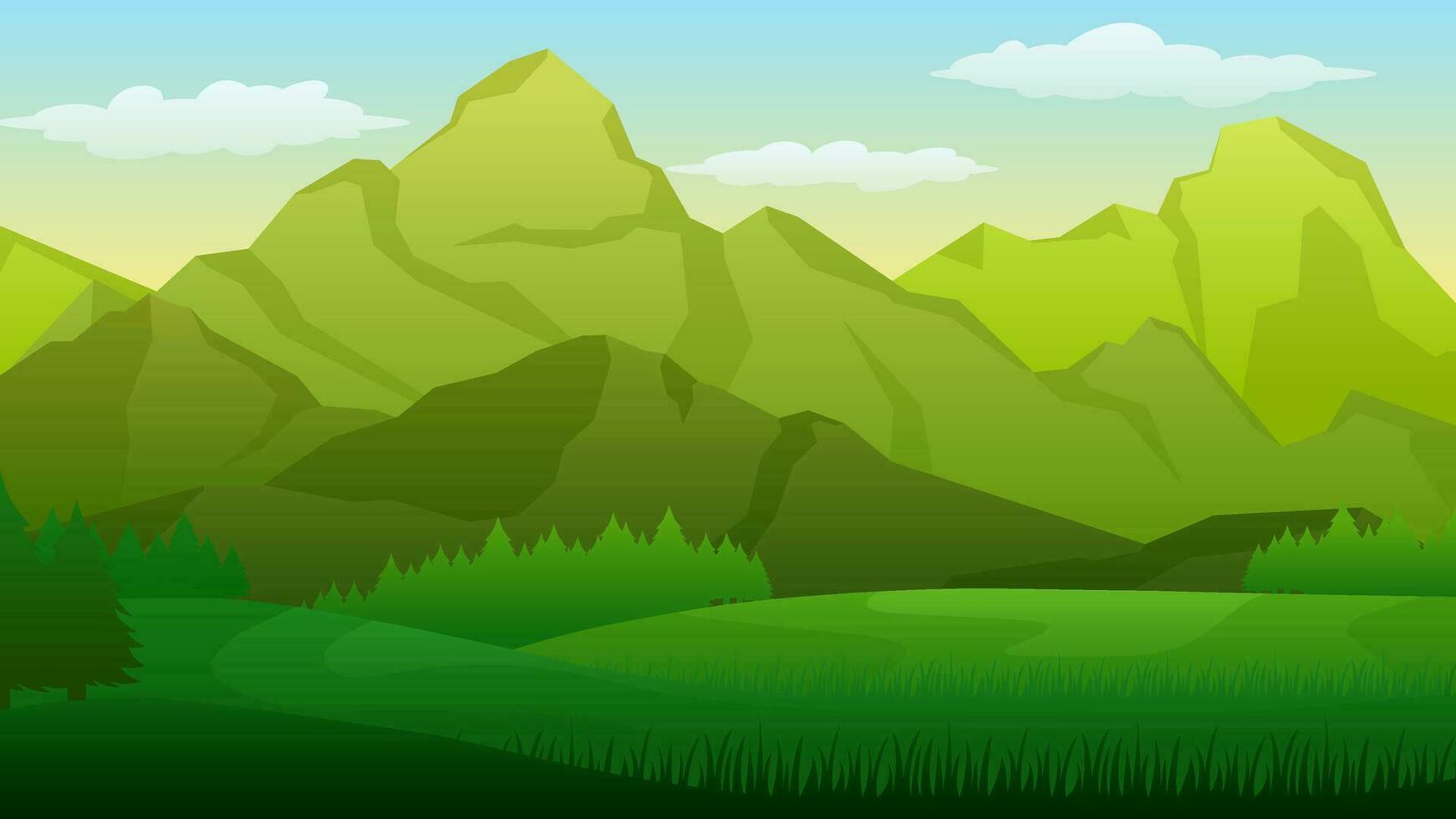 Vector illustration of meadow in the green mountains. Mountain range landscape for background, wallpaper, or landing page. Landscape nature illustration with color gradient style