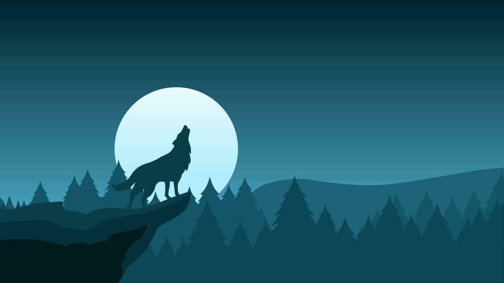 fauna silvestre lobo paisaje en el acantilado vector ilustración. lobo clamoroso en lleno Luna noche ilustración. fauna silvestre paisaje para fondo, fondo de pantalla o aterrizaje página. pino bosque fauna silvestre en el noche