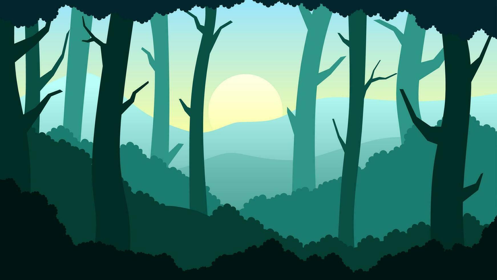 Vector illustration of deep forest in the green hill. Forest landscape for background, wallpaper, or landing page. Landscape nature illustration with color gradient style