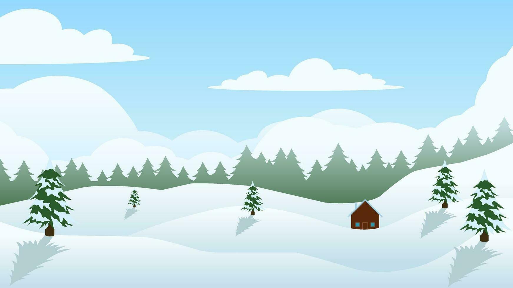 Vector illustration of winter season. Snow hill with pine tree forest and house. Winter landscape for background, wallpaper, or landing page. Landscape nature illustration with gradient style