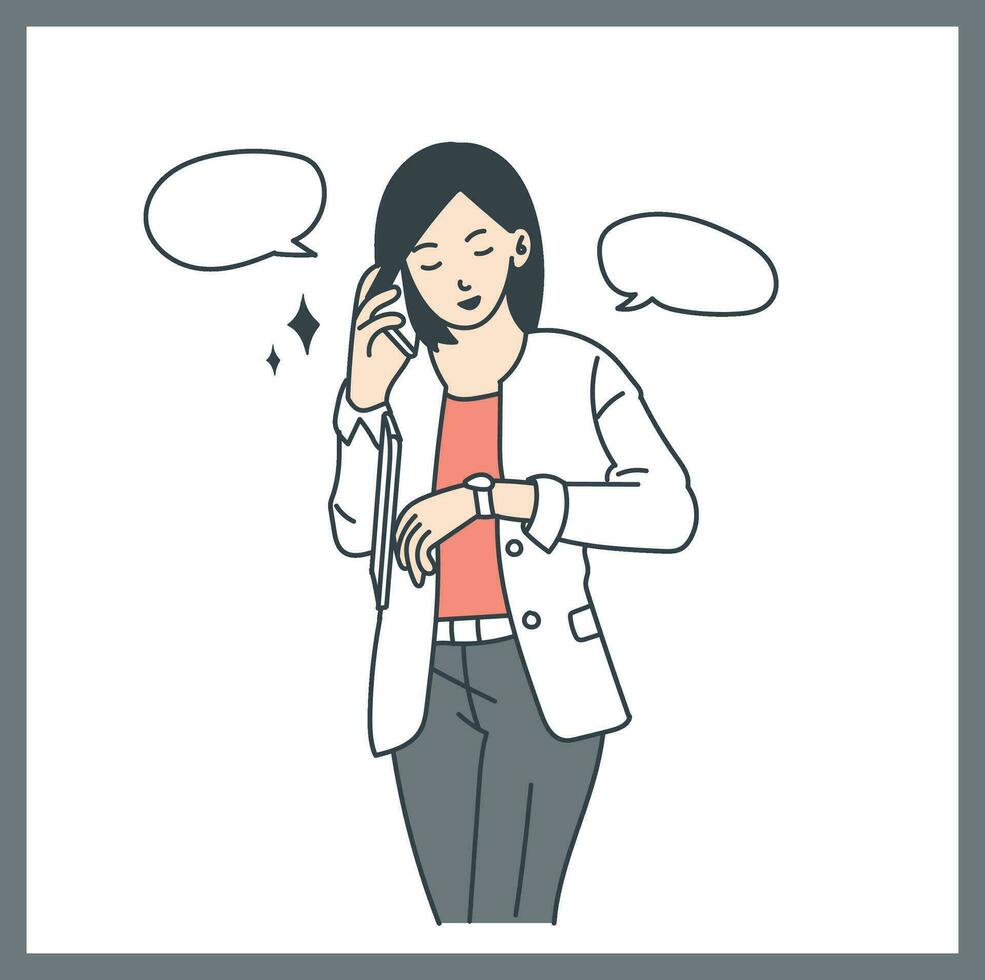 negocio mujer es hablando en móvil teléfono y mirando a reloj ilustración vector