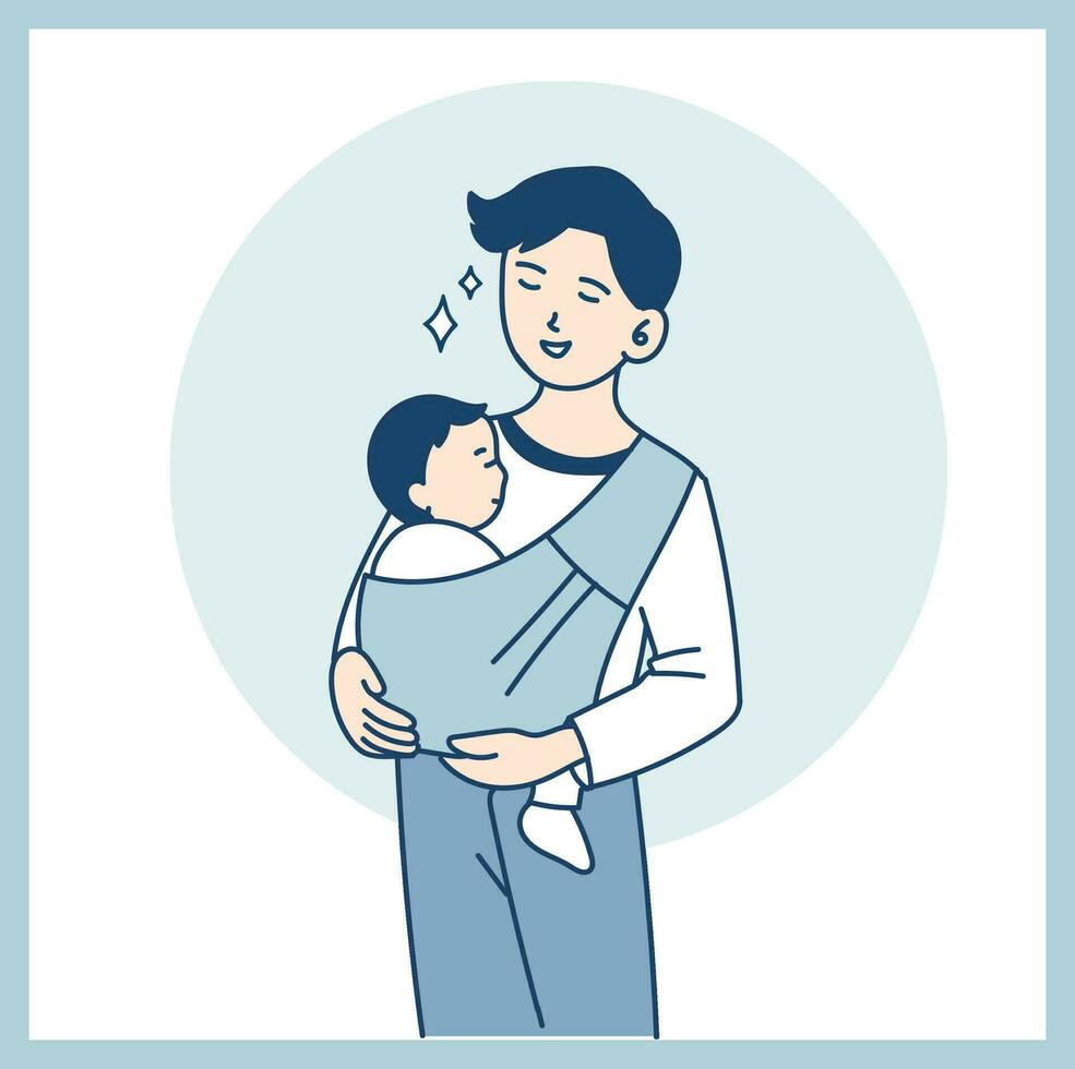 Man carrying son in sling hand drawn illustration vector