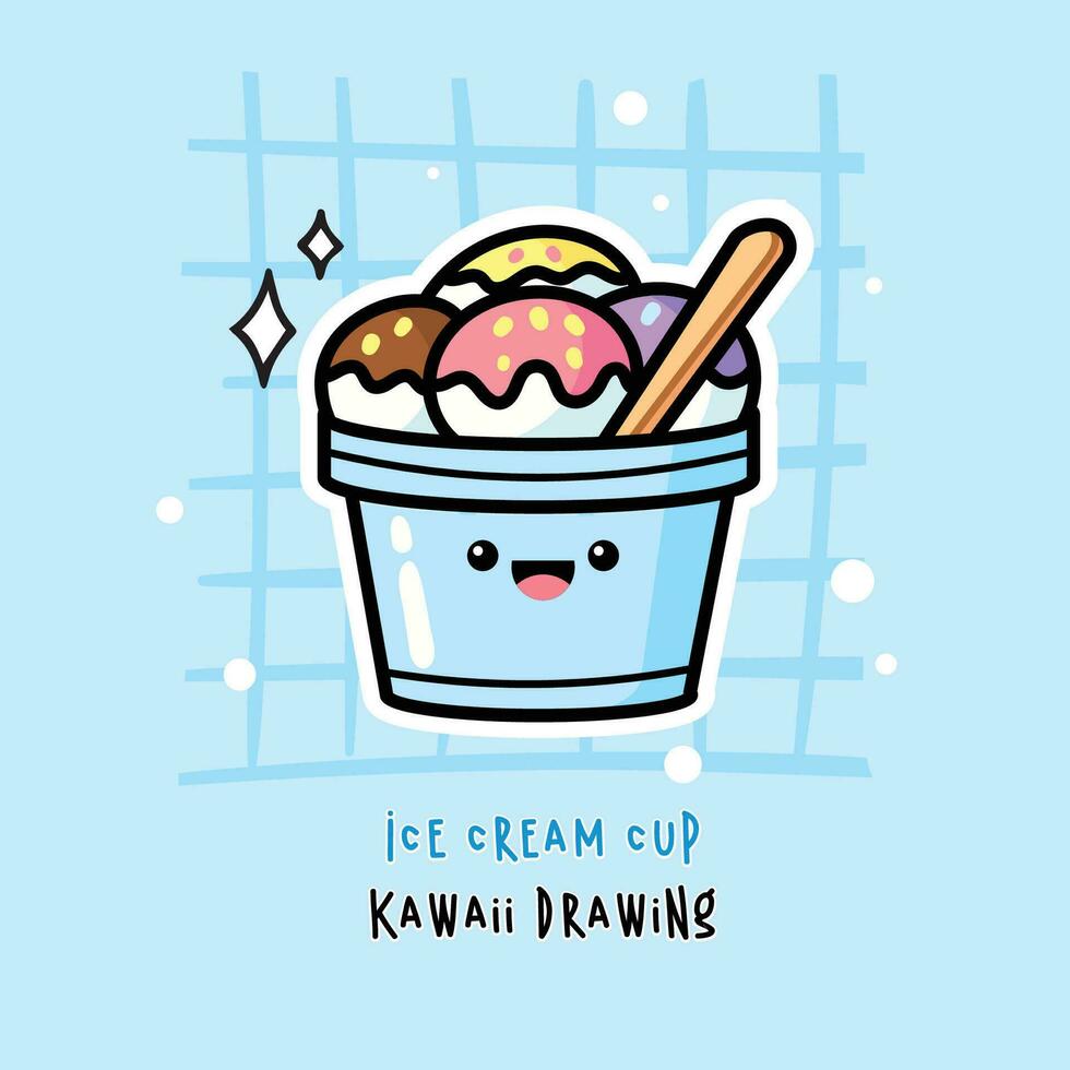 ice cream cup hand drawn illustration with cute kawaii face vector