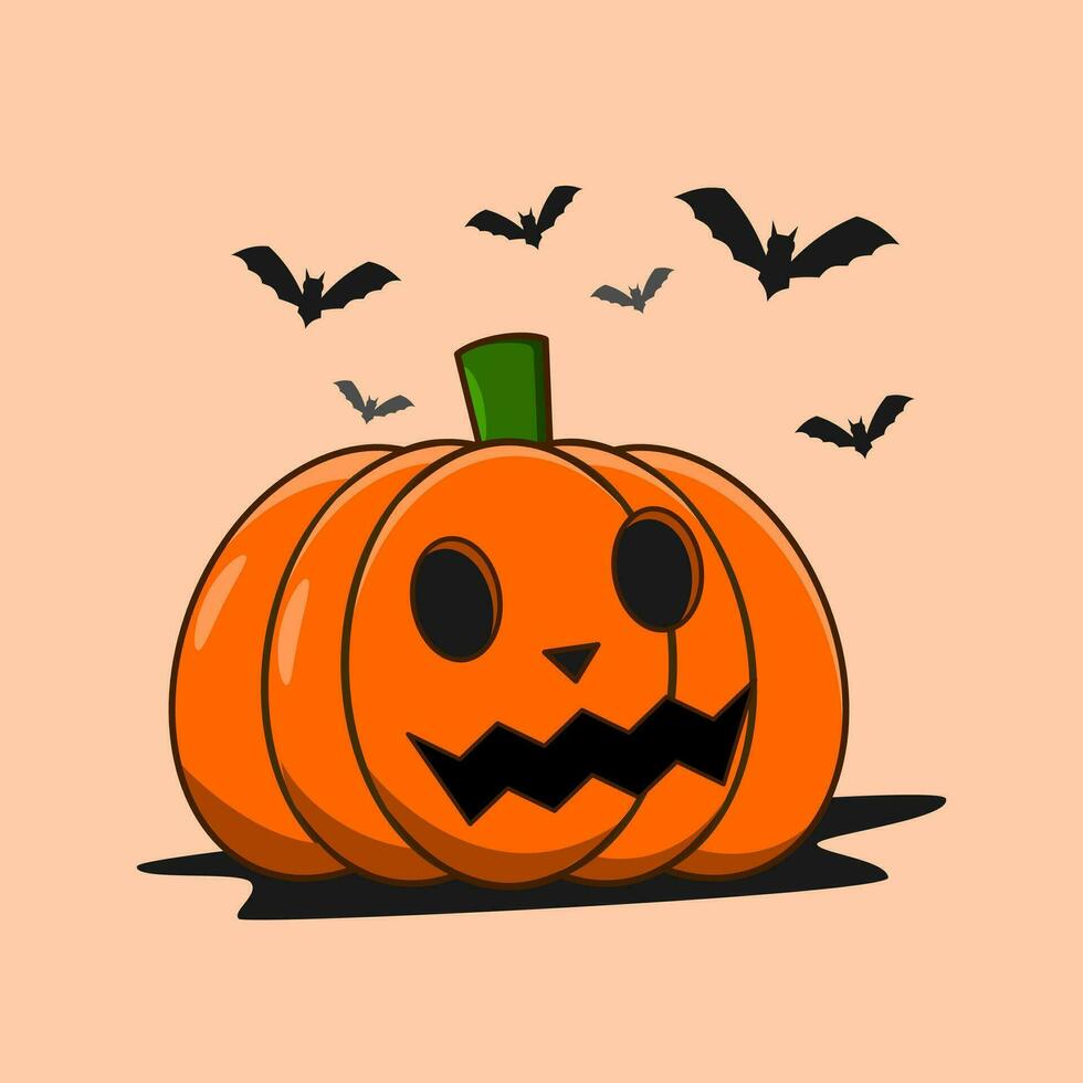 halloween illustration pumpkin laughing face and flying black bat vector