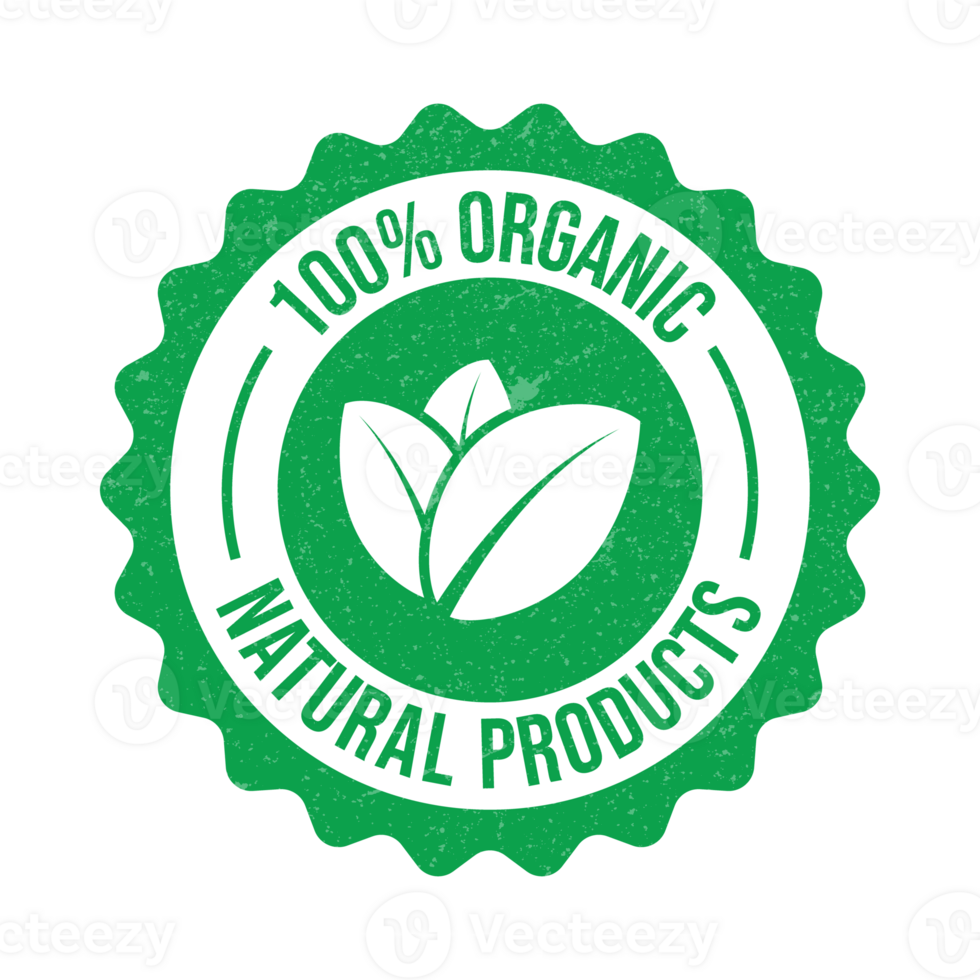 100 Percent Natural And Organic Product Badge, Label, Rubber Stamp, Emblem, Template, Organic Ingredient Badge, Logo, Suitable For Product Packaging Design Elements With Leaf png