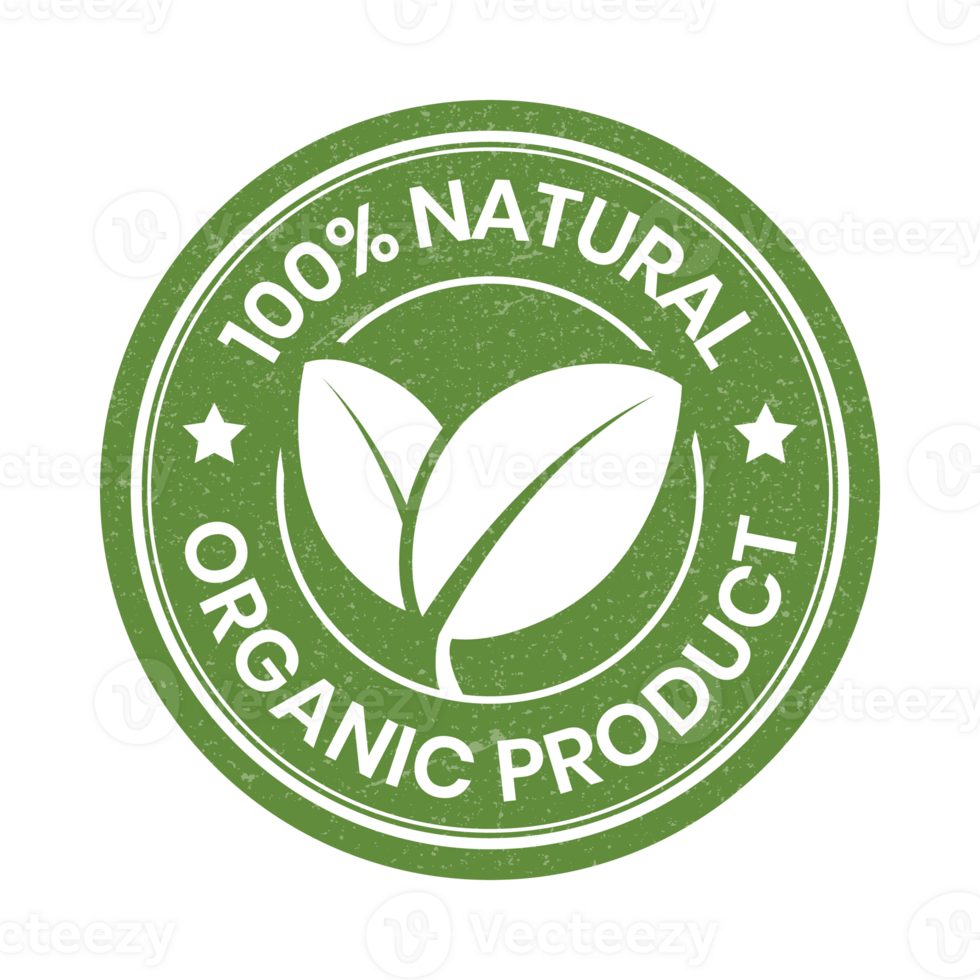 100 Percent Natural And Organic Product Badge, Label, Rubber Stamp, Emblem, Template, Organic Ingredient Badge, Logo, Suitable For Product Packaging Design Elements With Leaf png