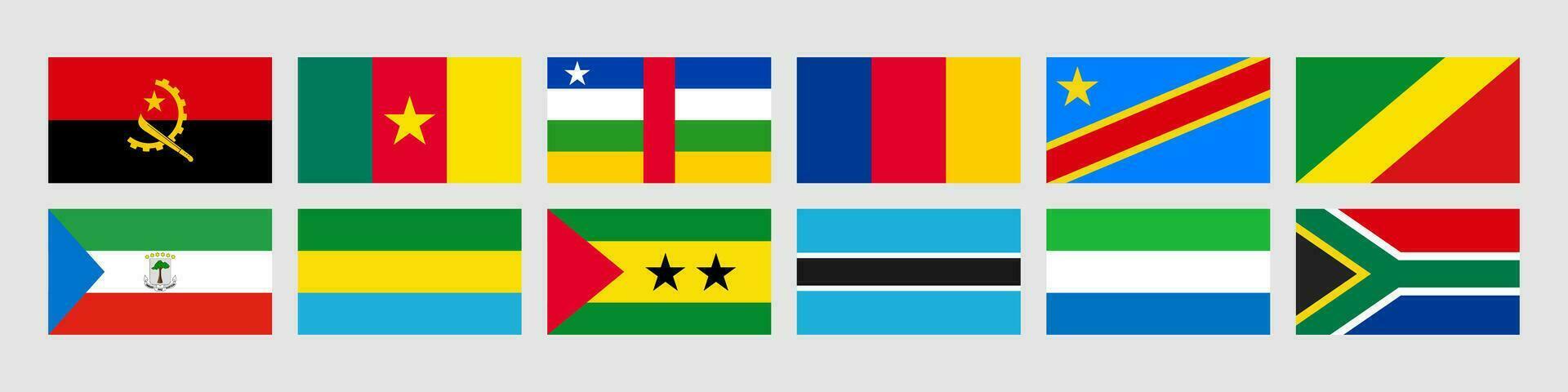 conjunto banderas de medio África, angola, Camerún, central africano república, Chad, congo, congo, ecuatorial Guinea, Gabón, sao a mi y príncipe, botsuana, sierra leona, sur África vector