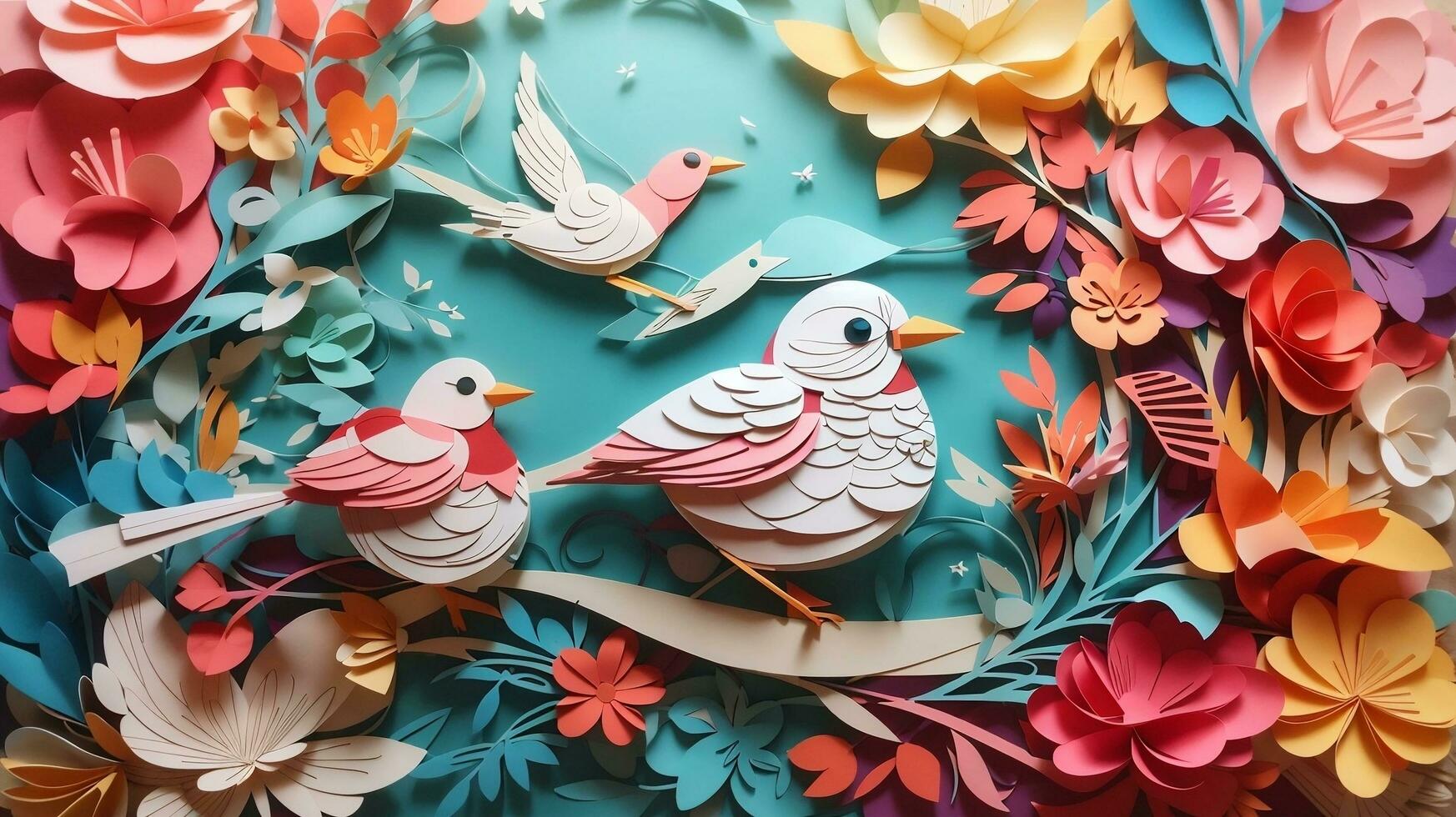 Bird and Flower Paper Art Style Abstract Background Illustration. AI Generated photo