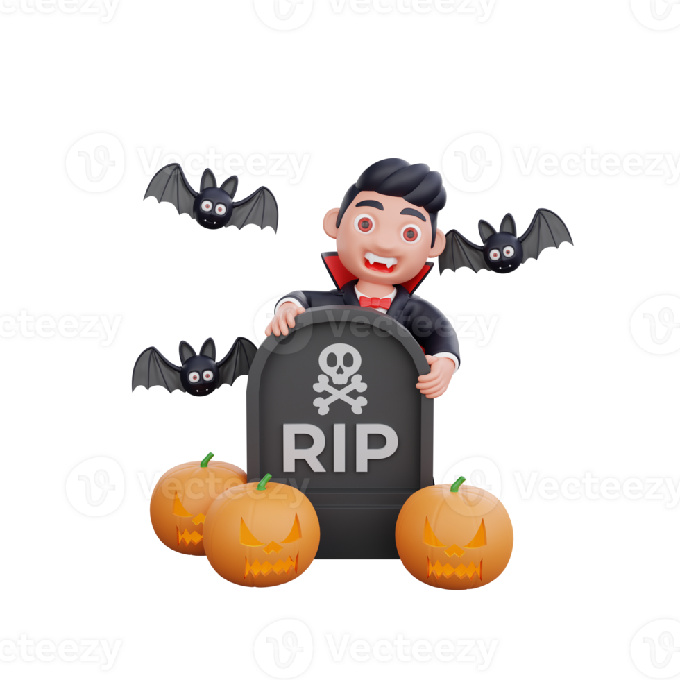 3d cute Vampire standing beside tombstone halloween design png