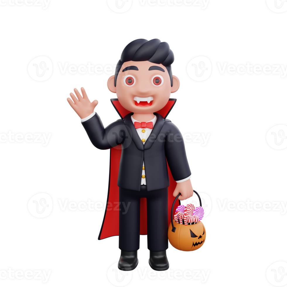 3d cute Vampire saying hello while holding pumpkin basket candy halloween design png