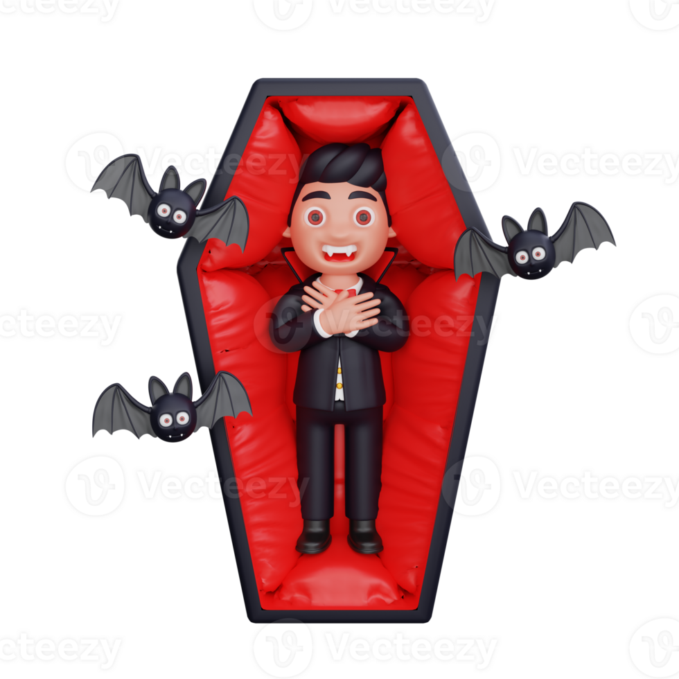 3d cute Vampire wakes up in a coffin halloween design png