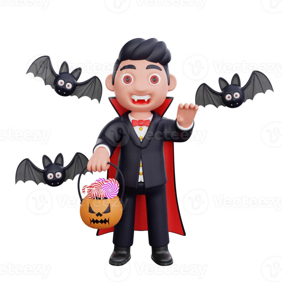 3d söt vampyr innehav pumpa korg godis halloween design png