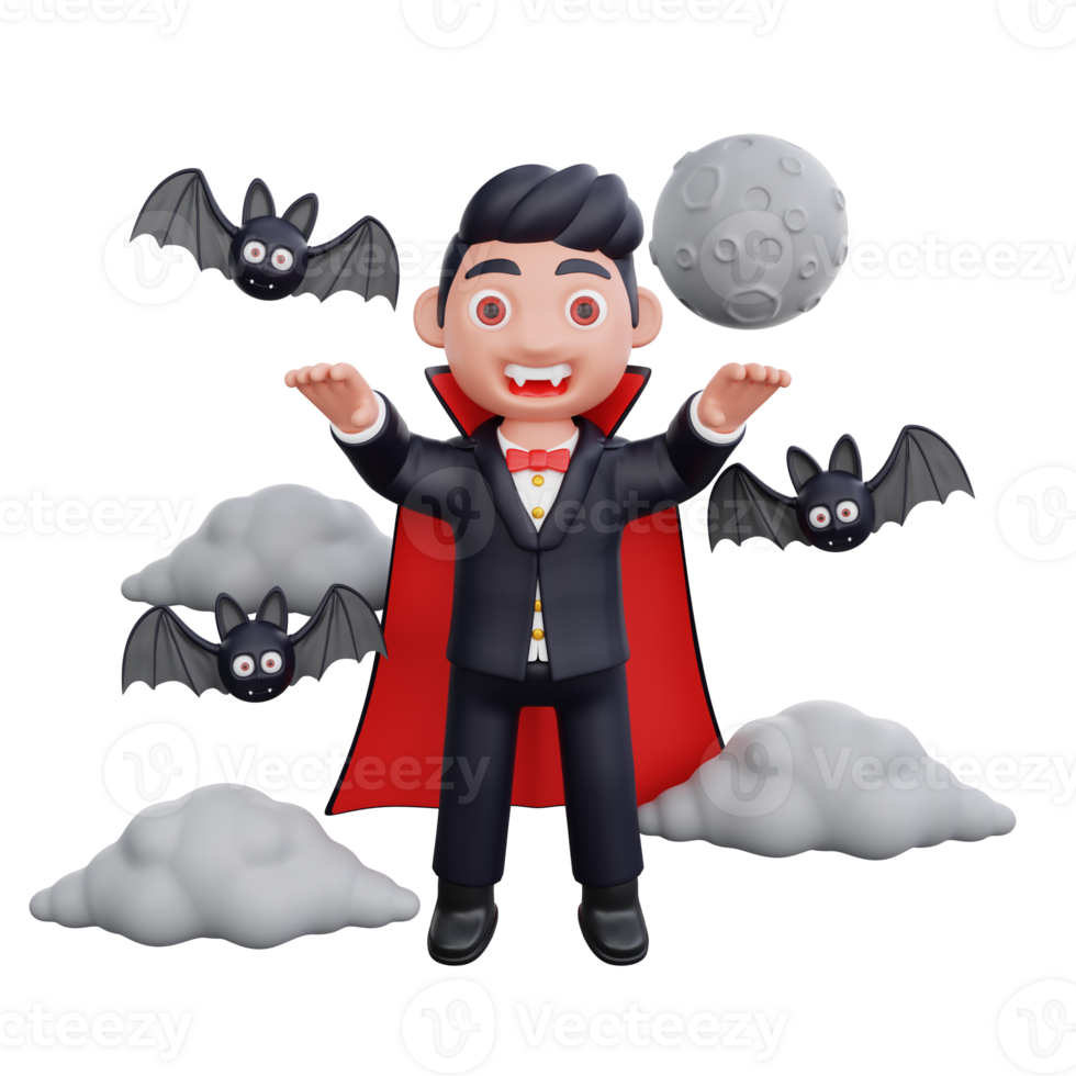 3d cute Vampire doing scary pose while flying halloween design png