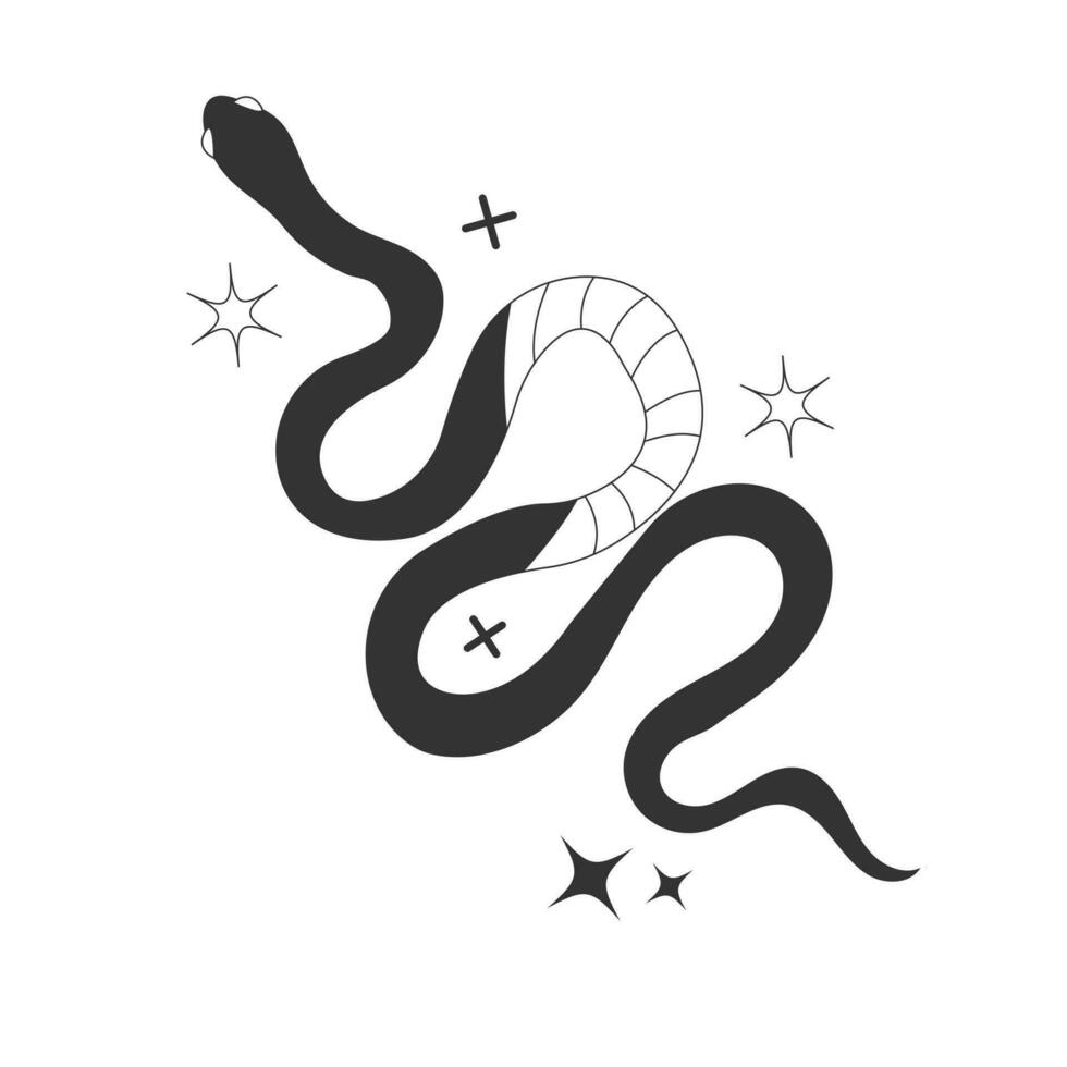 Snake in mystic linear tattoo icon style isolated on white background. Vector esoteric illustration