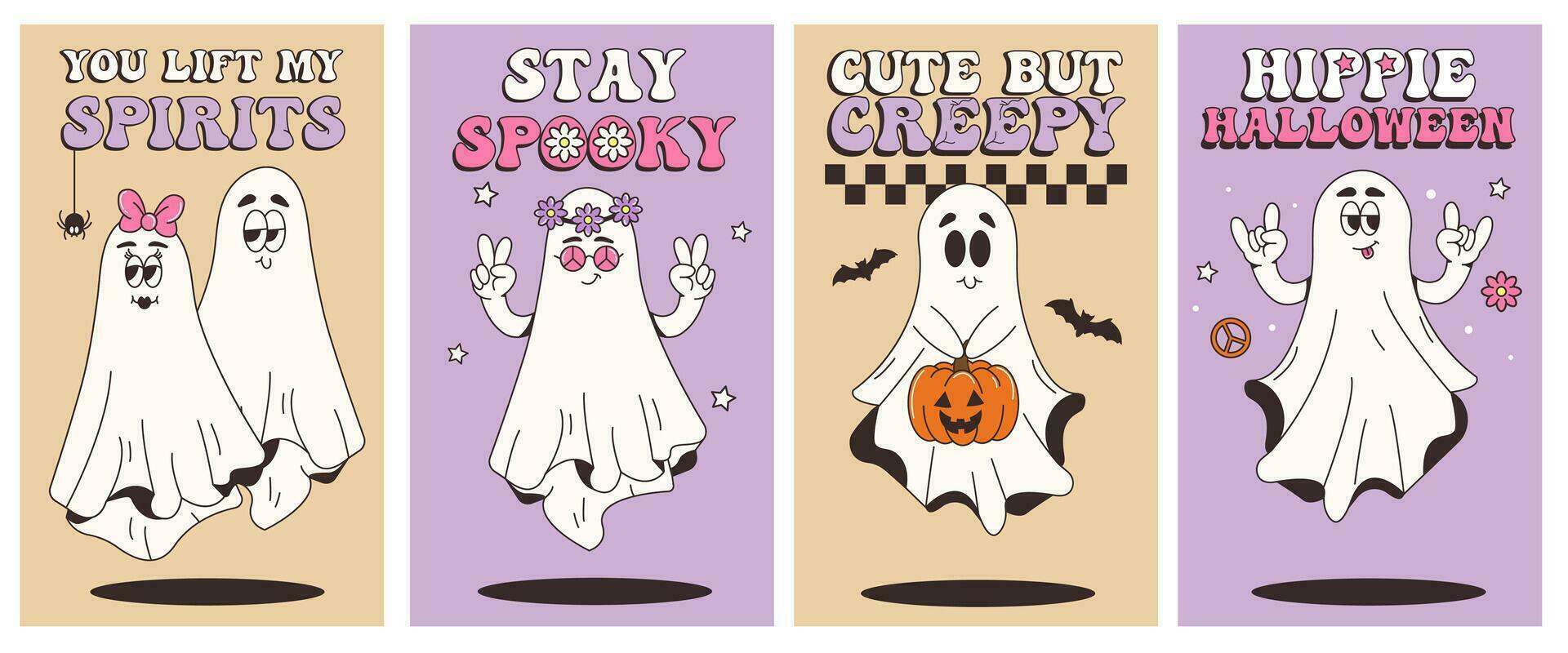 Cute collection of Halloween posters. Trendy retro groovy style.Funky ghost characters. Vector illustration for postcards, posters, flyers