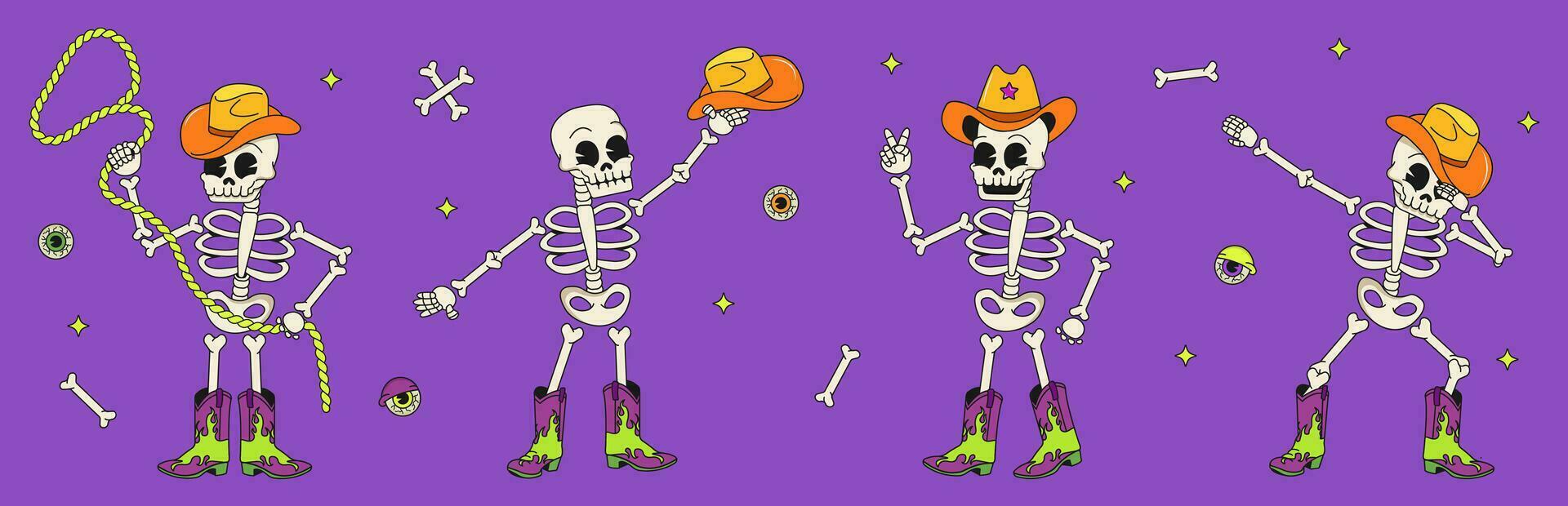 Set of vintage style Halloween character. Groovy cool skeleton character. Funky retro Halloween mascot.Happy Halloween. Spooky season.Trendy retro cartoon style. Vector illustration