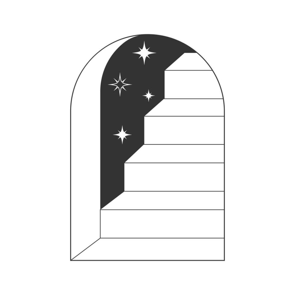 Surreal line door and stairs. Mystic linear tattoo icons, bohemian staircase frame. Vector esoteric illustration