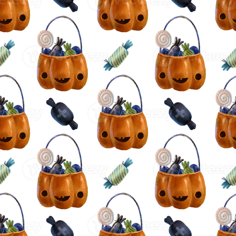 seamless pattern with pumpkin basket and sweets, sugar, candies, lollipops. Loopable Halloween design png